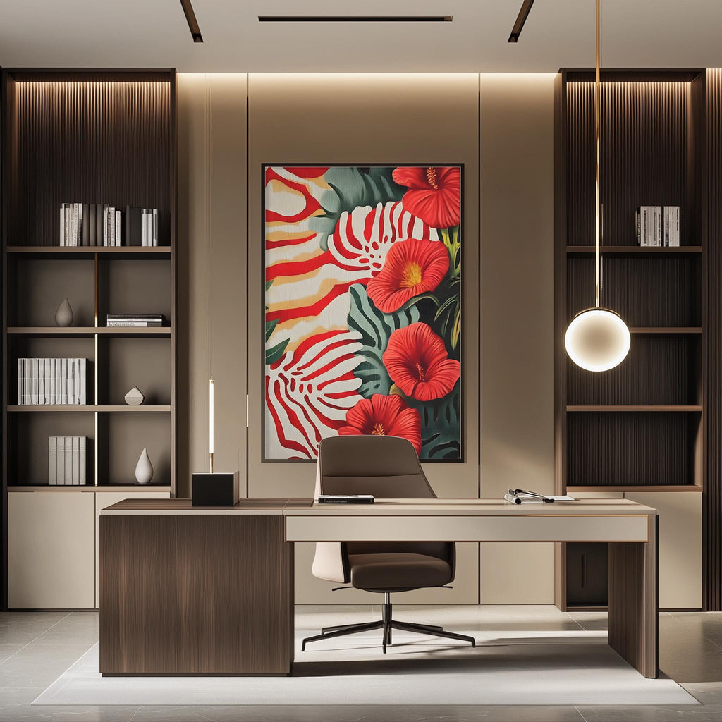 a modern and stylish office space with a large, colorful painting of red flowers on the wall. The office features a wooden desk with a chair, a bookshelf, and a pendant light, creating a comfortable and visually appealing workspace.