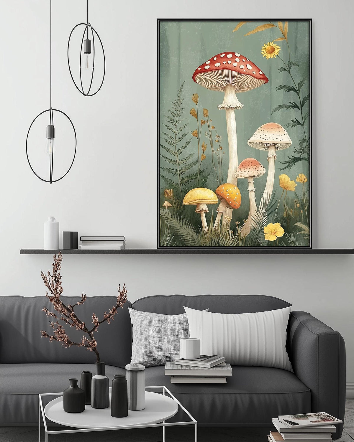 a cozy living room with a gray sofa, a coffee table, and a large framed artwork depicting a whimsical mushroom garden with various mushrooms and plants.