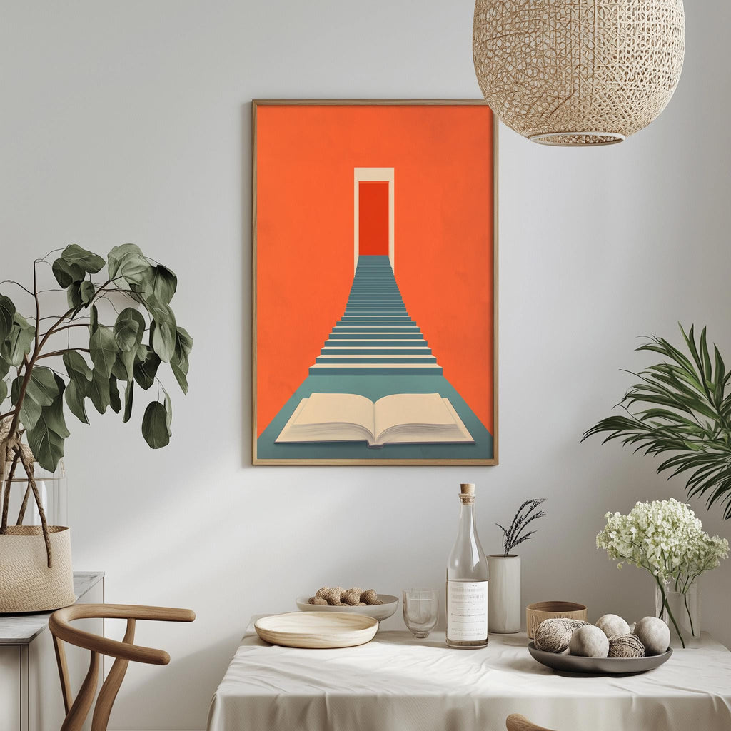 a dining table with a white tablecloth, a vase of white flowers, a bottle of wine, and a bowl of fruit. Above the table, there is a framed artwork depicting a staircase leading up to a red door.
