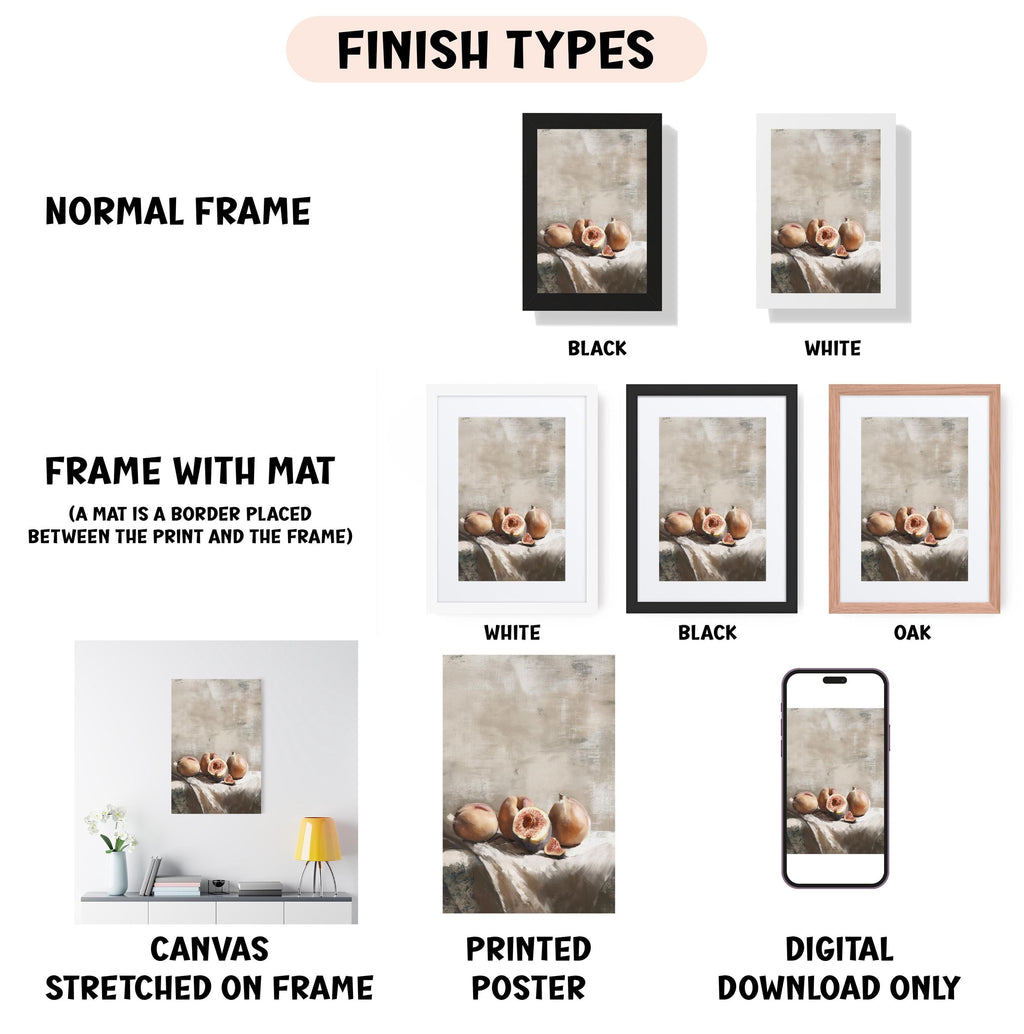 various types of framed artwork, including a normal frame, a frame with a mat, a white frame, a black frame, an oak frame, a white canvas stretched on a frame, a printed poster, and a digital download only.