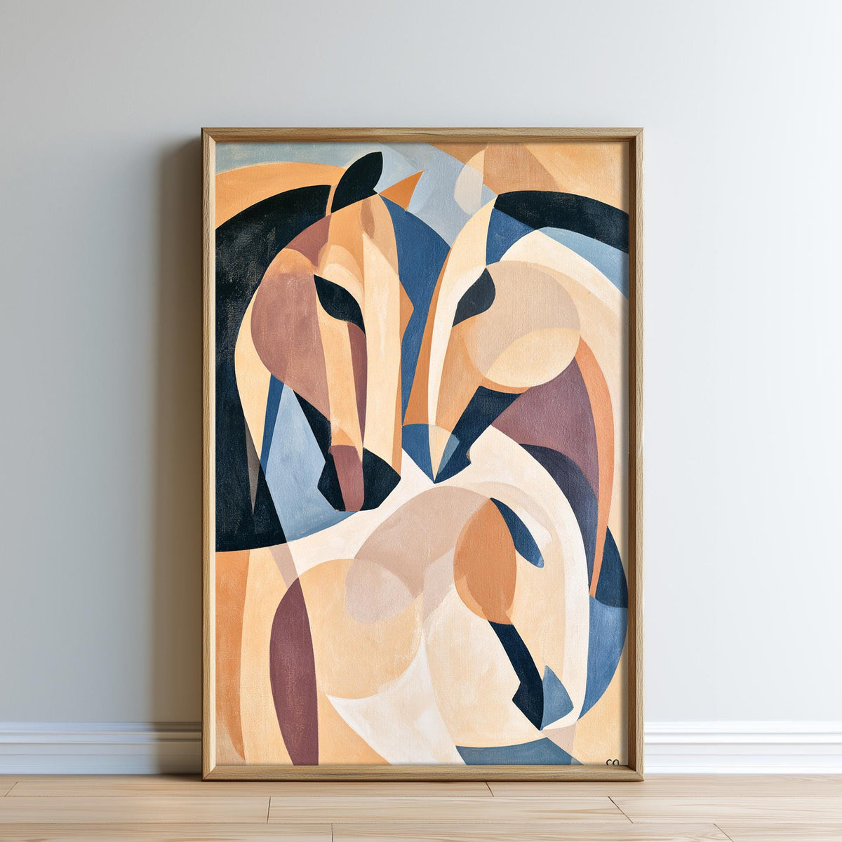 The image is a framed abstract painting depicting two stylized horses in a geometric, abstract composition of various colors and shapes.