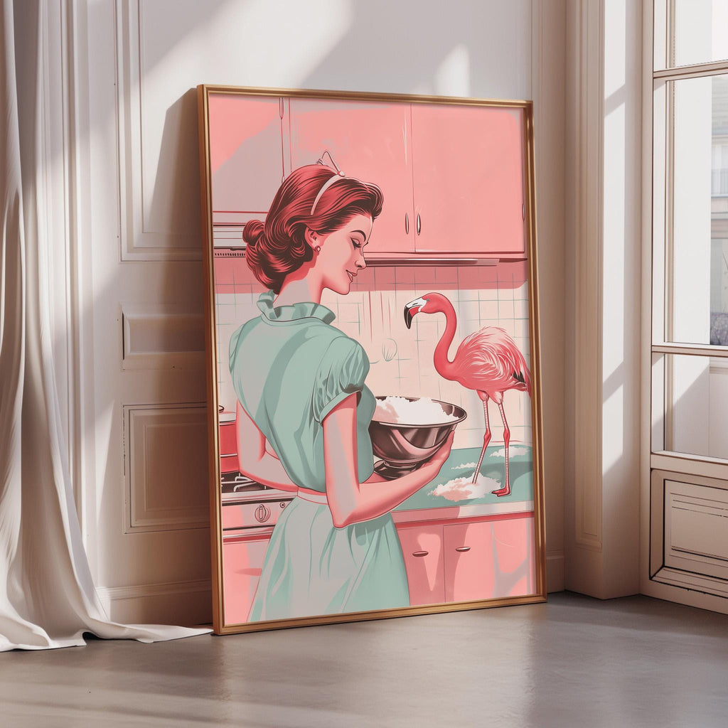 A framed illustration depicting a woman in a green dress standing in a kitchen, holding a bowl and looking at a pink flamingo.