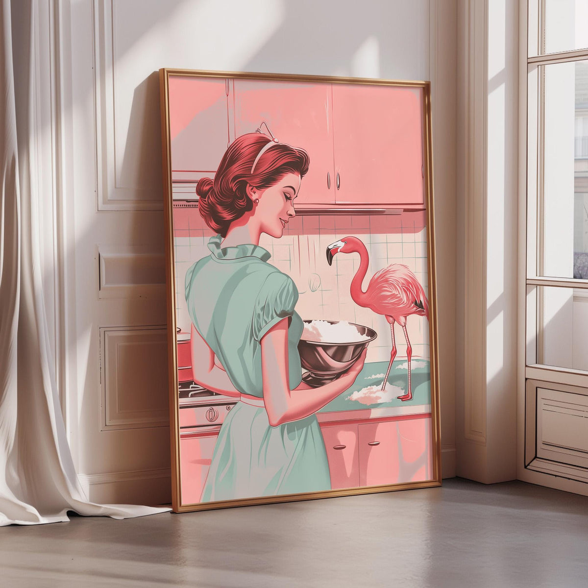 A framed illustration depicting a woman in a green dress standing in a kitchen, holding a bowl and looking at a pink flamingo.