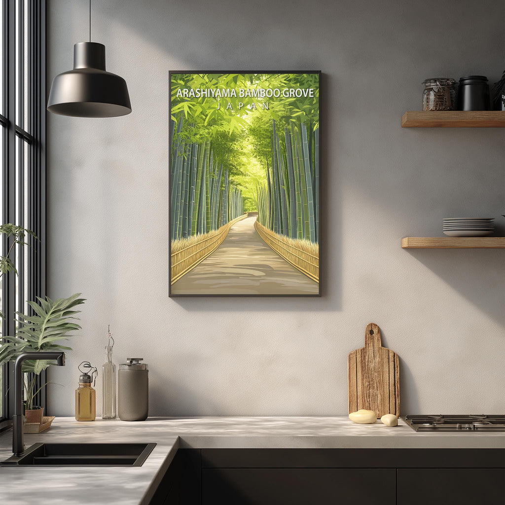 a kitchen counter with various kitchen items, such as a cutting board, a bottle, and a vase, as well as a framed picture of a bamboo path in a forest.