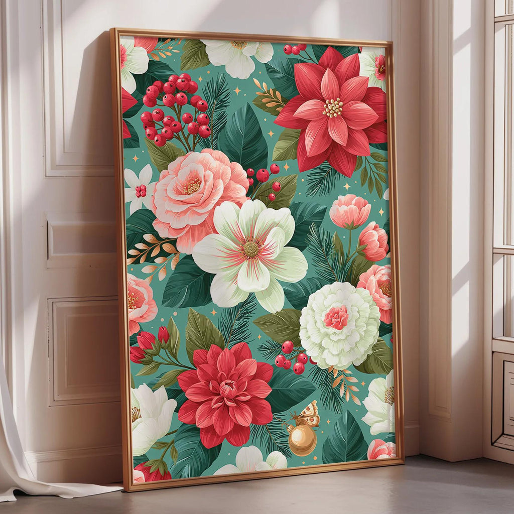 A framed poster with a vibrant floral pattern of red, pink, white, and green flowers and leaves is displayed on a wall.