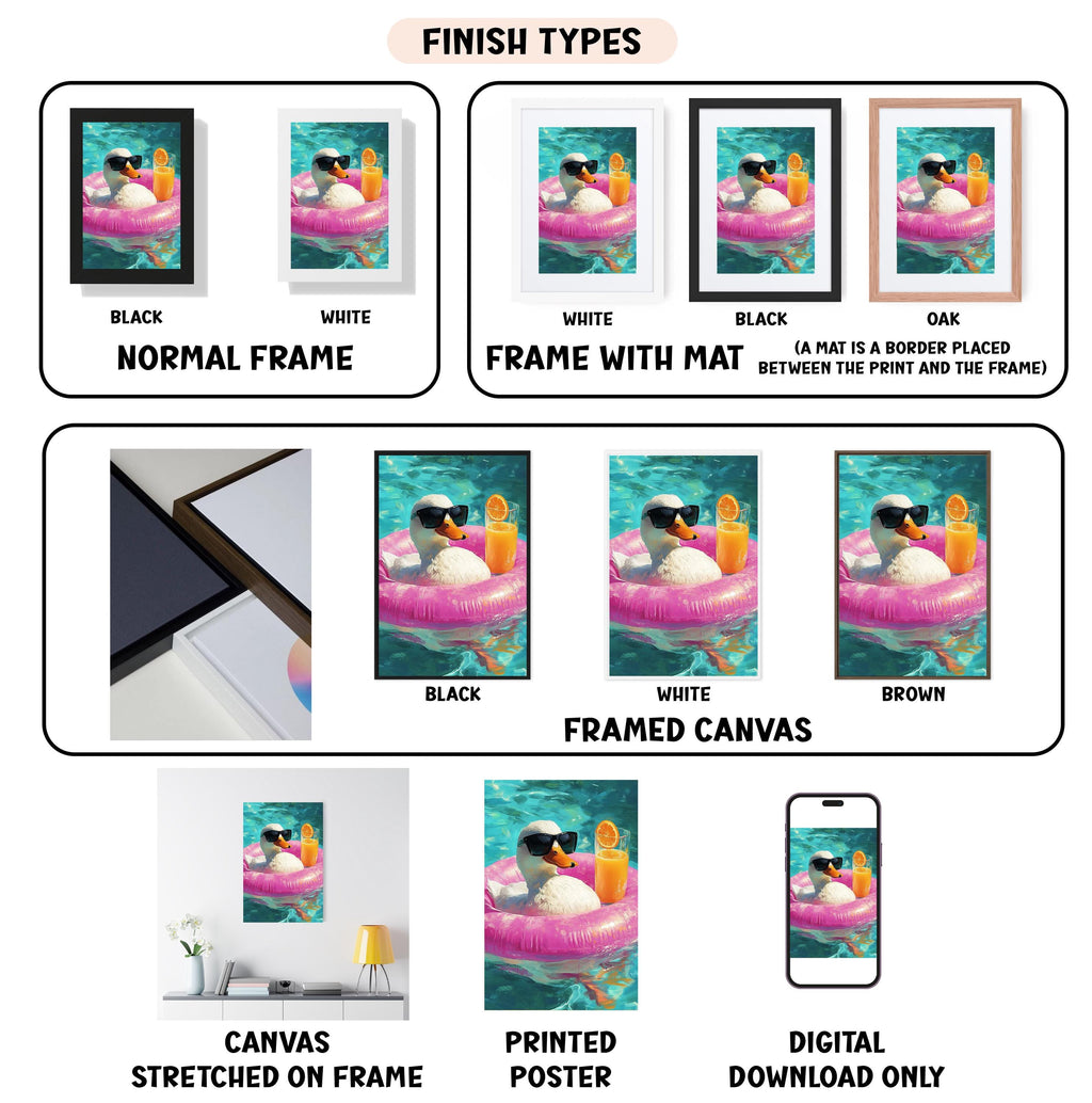 various types of framed artwork, including a framed canvas, a stretched canvas, a printed poster, and a digital download. The artwork features a penguin in a pink inflatable pool, with different color schemes and frame styles.
