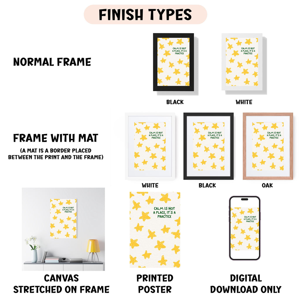 various types of framed artwork, including a normal frame, a black frame, a white frame, a black frame, an oak frame, a white canvas stretched on a frame, a printed poster, and a digital download only. The artwork features a yellow star pattern, and the text provides information about the finish types of the frames.