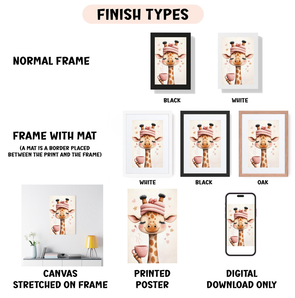various framed artworks featuring a giraffe, including a normal frame, a black frame, a white frame, a black frame, and an oak frame. The artworks are displayed in different frame styles, such as a mat placed between the print and the frame, a canvas stretched on a frame, a printed poster, and a digital download only.