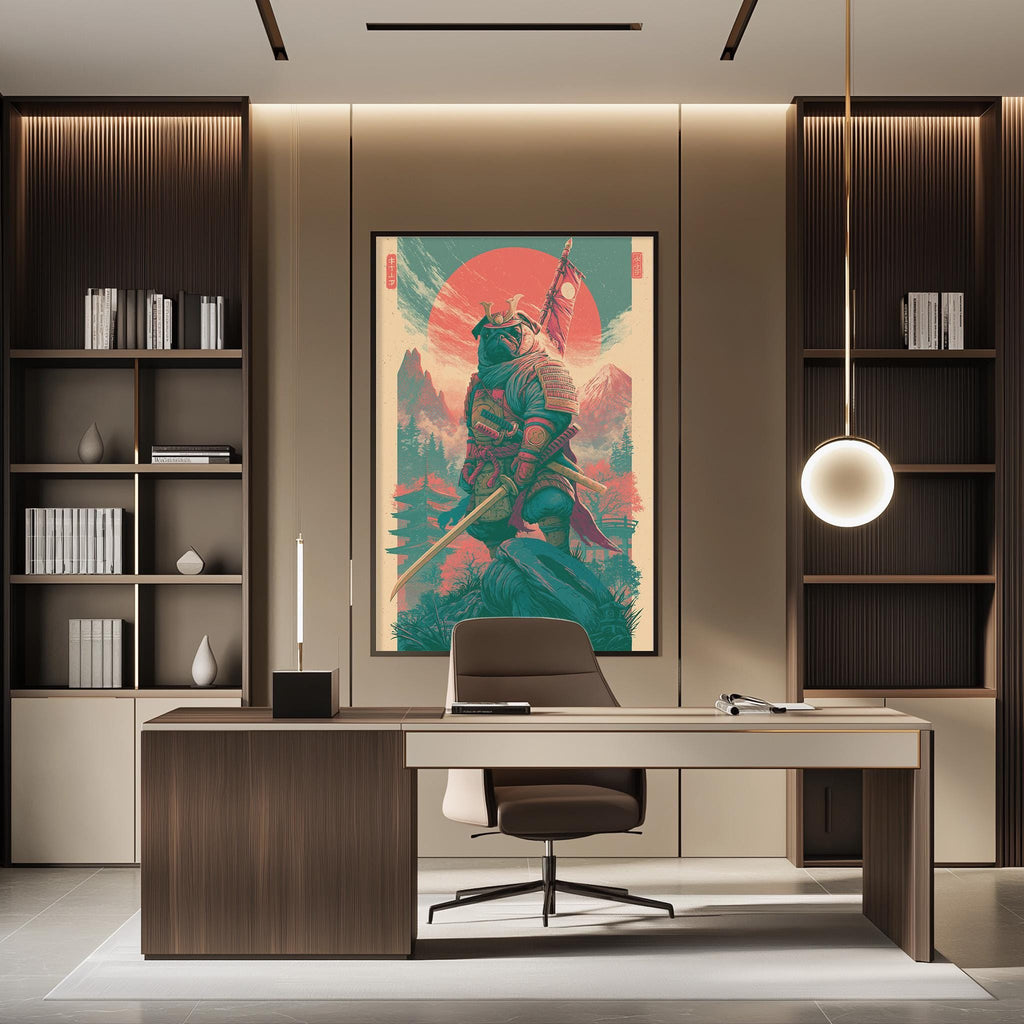 a modern office space with a large framed artwork of a warrior on the wall, a wooden desk with a chair, and a bookshelf filled with books.