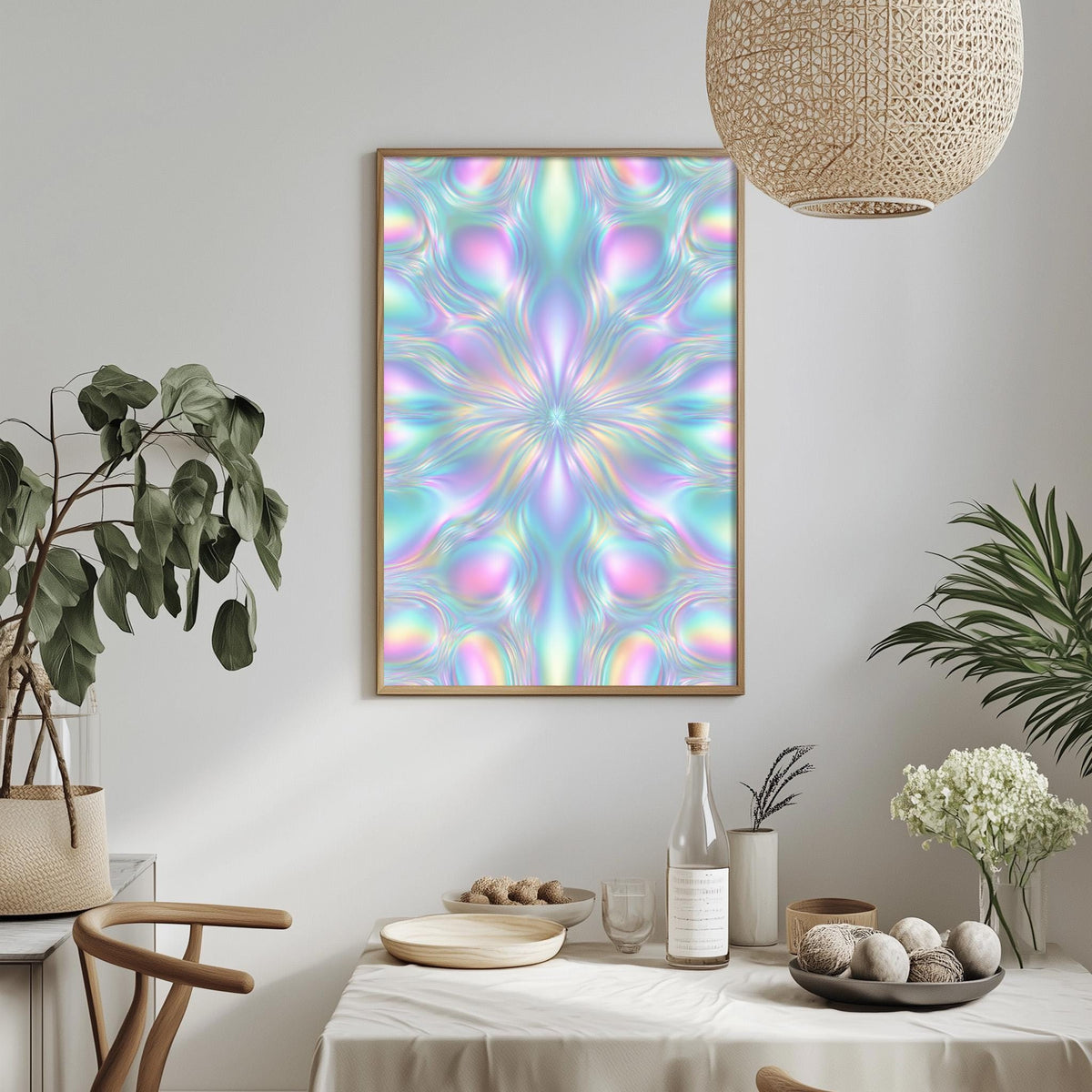 a dining table with a white tablecloth, a bowl of fruit, a bottle, and a vase with flowers. Above the table, there is a framed picture with a colorful abstract design. The table is set with a plate, a wine glass, and a small bowl. The room has a modern and minimalist design, with a woven light fixture hanging above the table.