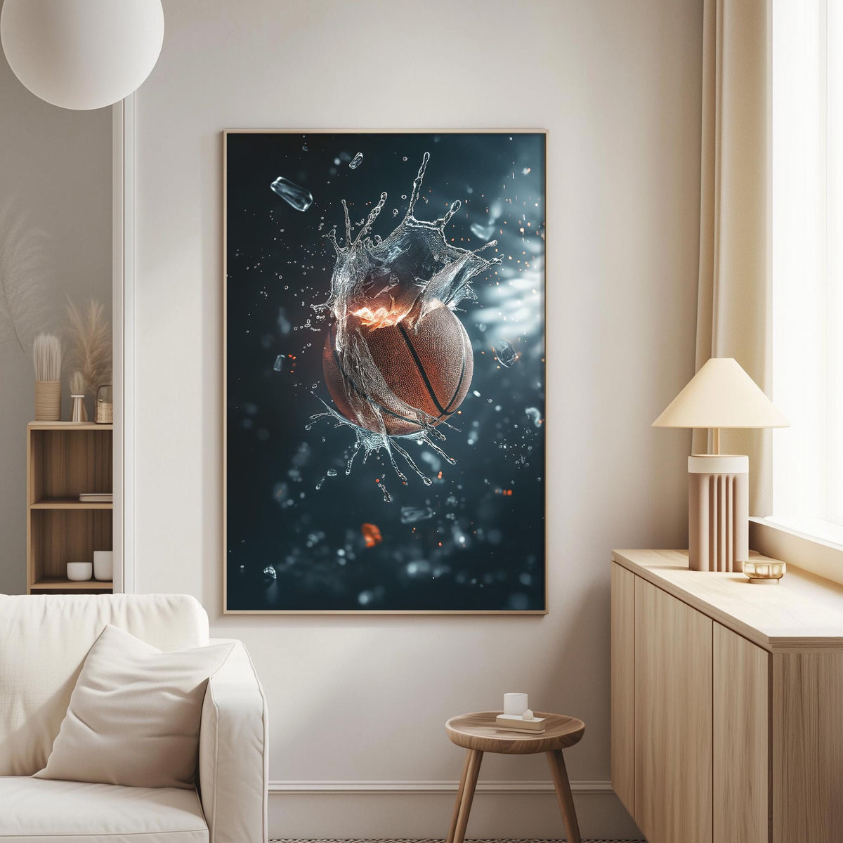 a large framed artwork depicting a basketball in mid-air, surrounded by water droplets and splashes, creating a dynamic and visually striking scene.