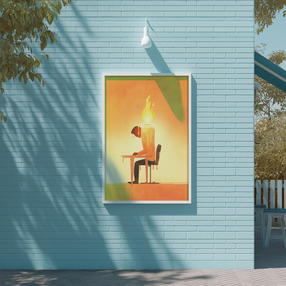 a painting of a person sitting at a desk with a lit candle in front of them, creating a warm and inviting atmosphere.