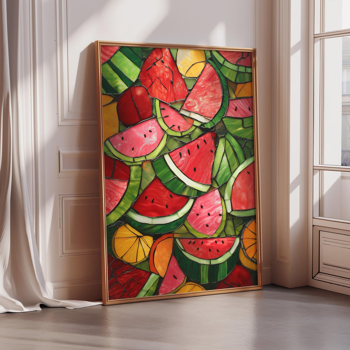 A framed painting depicting a vibrant and colorful arrangement of watermelon slices in various shades of red, green, and yellow.