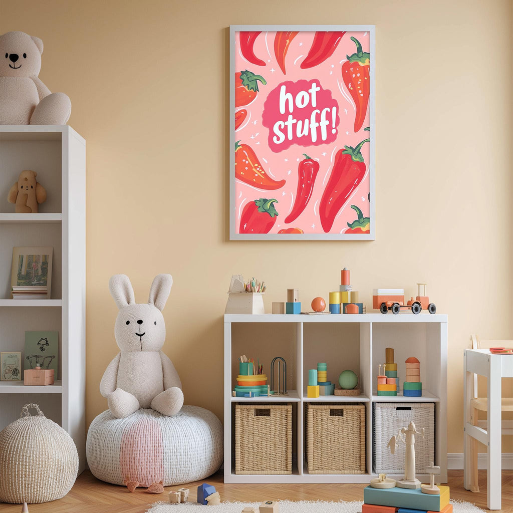 A child's bedroom with a white bookshelf, a stuffed rabbit, and a colorful poster featuring peppers on the wall.