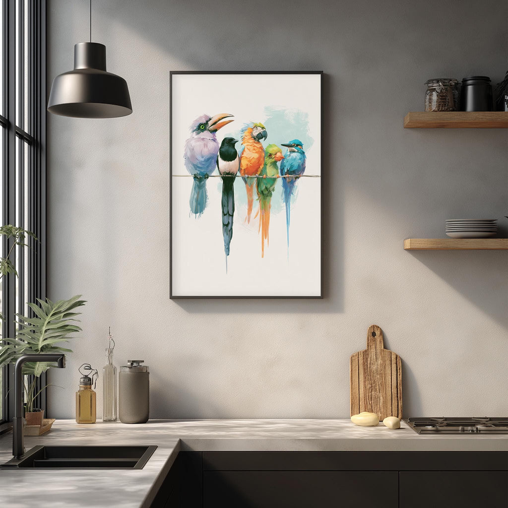 a framed painting of colorful birds perched on a wire, hanging on a wall above a kitchen counter.