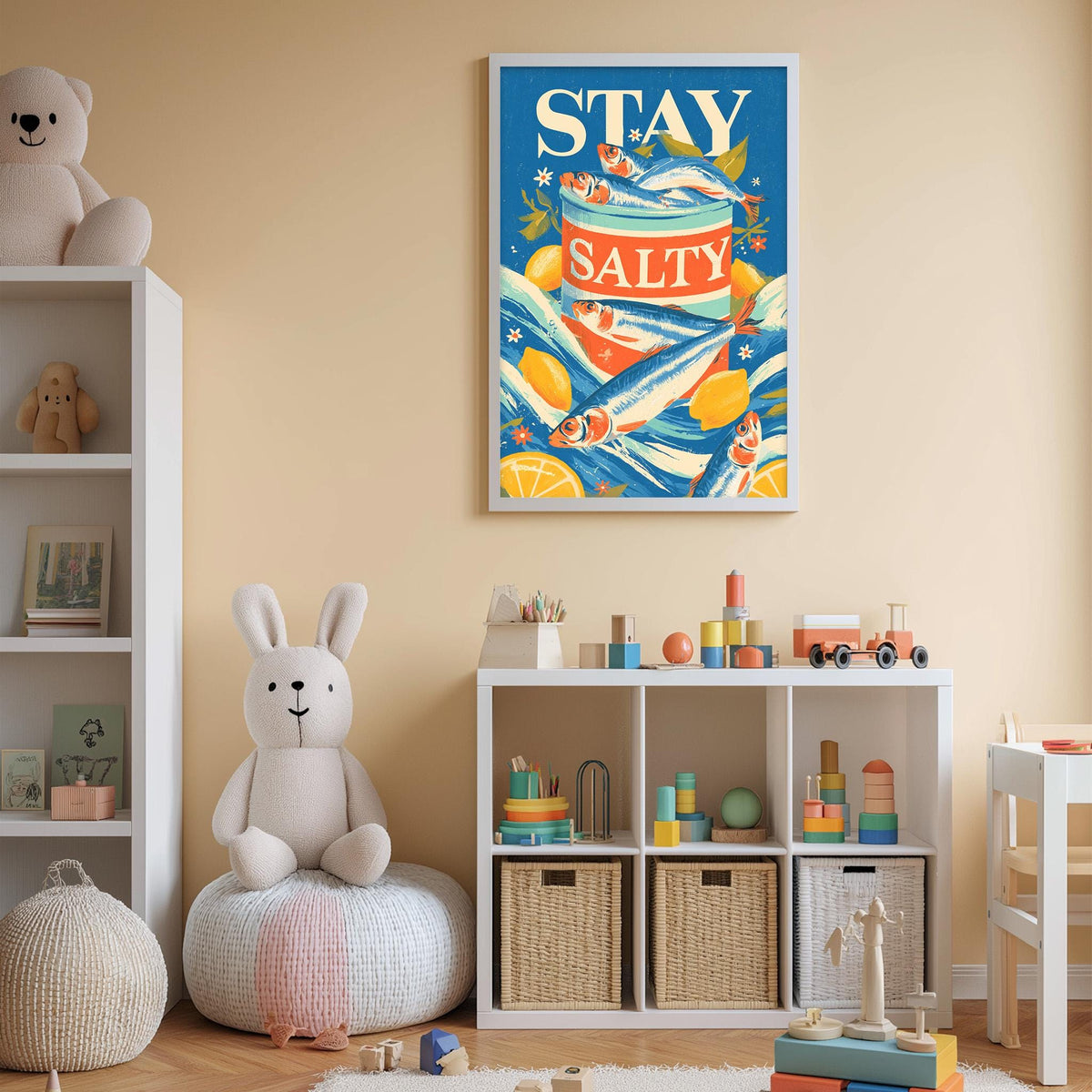 A child's bedroom with a large poster of a fish and the text "STAY SALTY" hanging on the wall. The room is filled with toys, including a teddy bear, and there are shelves with various toys and storage bins.