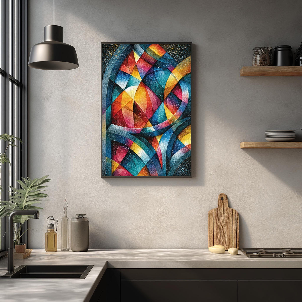 Gothic Stained Glass Abstract Print, Colorful Cathedral Geometry Poster