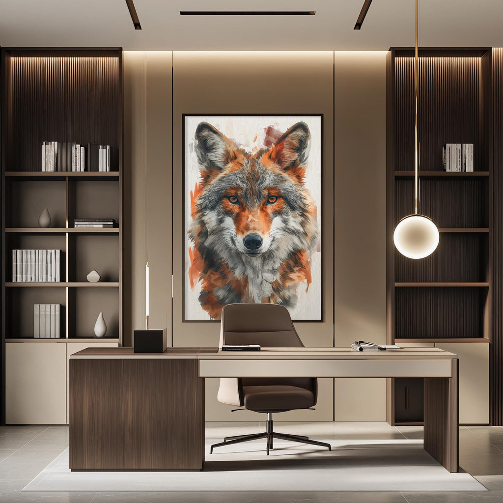 a modern office space with a large framed painting of a wolf's face on the wall, a wooden desk with a chair, and built-in bookshelves.