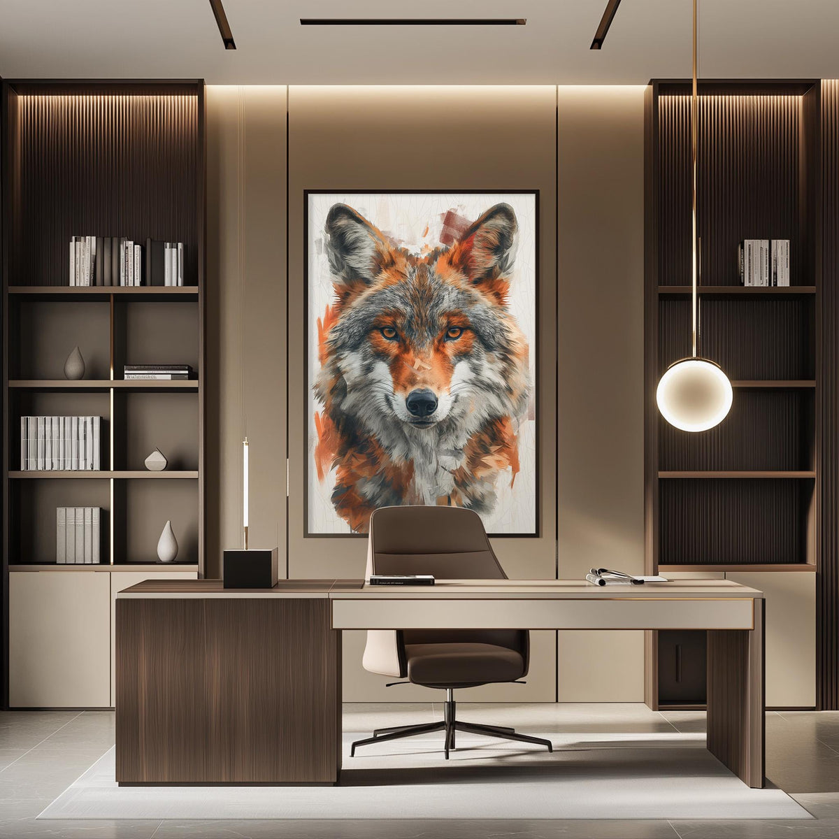 a modern office space with a large framed painting of a wolf's face on the wall, a wooden desk with a chair, and built-in bookshelves.
