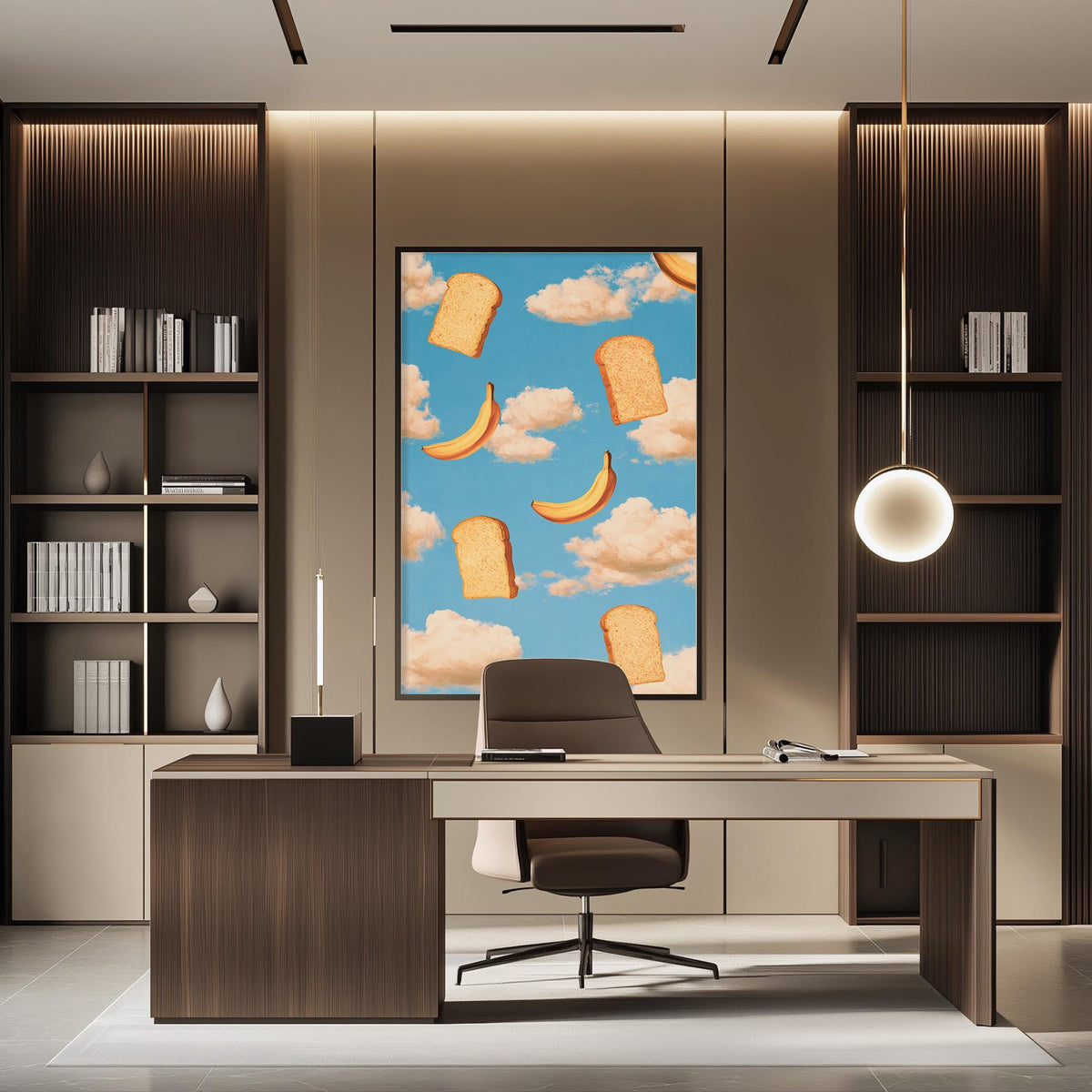 a modern office space with a large framed artwork featuring bananas and clouds on the wall. The office has a wooden desk, a comfortable-looking chair, and a bookshelf filled with books. The overall design and decor create a professional and stylish atmosphere.