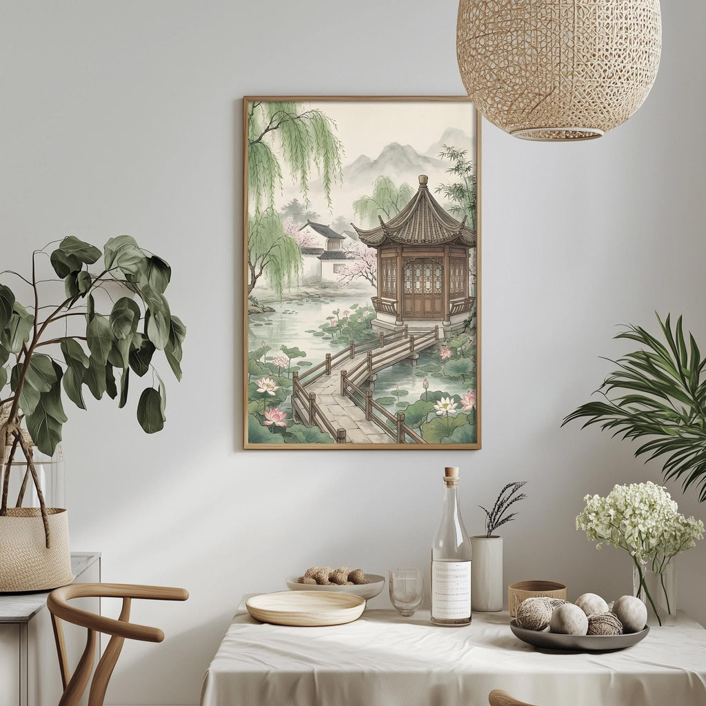 a serene Asian-style garden scene with a traditional pavilion, surrounded by lush greenery and a tranquil pond. The garden is framed by a wooden fence and a stone path, creating a peaceful and harmonious atmosphere. The table is set with a variety of dishes, including bowls, plates, and a bottle, suggesting a meal or gathering in this picturesque setting.