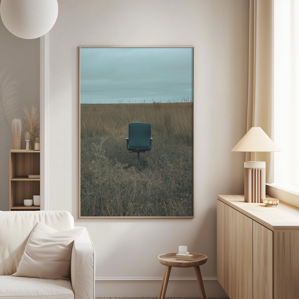 a large framed picture of a chair in a field, hanging on a wall in a living room setting.