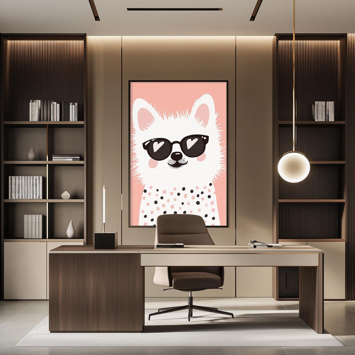 a modern office space with a large framed poster of a white dog wearing sunglasses as the focal point. The office has a wooden desk, a chair, and a bookshelf, creating a professional and stylish atmosphere.
