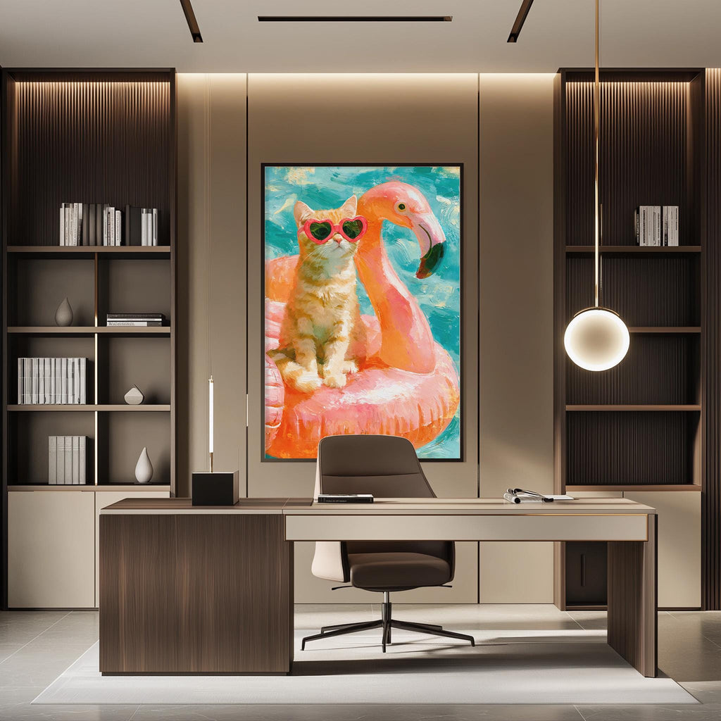 a modern office space with a large framed picture of a cat wearing sunglasses, sitting on a pink flamingo float, as the focal point. The office has a desk, chair, and bookshelves, creating a stylish and comfortable workspace.
