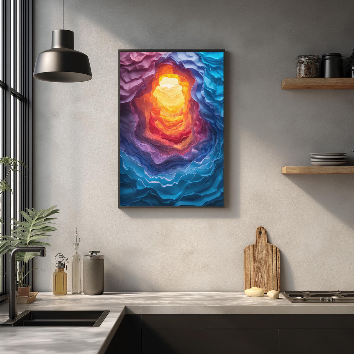 a vibrant abstract painting hanging on a wall above a kitchen counter. The painting showcases a colorful spiral pattern with a bright yellow center, surrounded by a mix of blue, purple, and orange hues. The kitchen counter below the painting is adorned with various items, including a wooden cutting board, a bottle, and a vase.