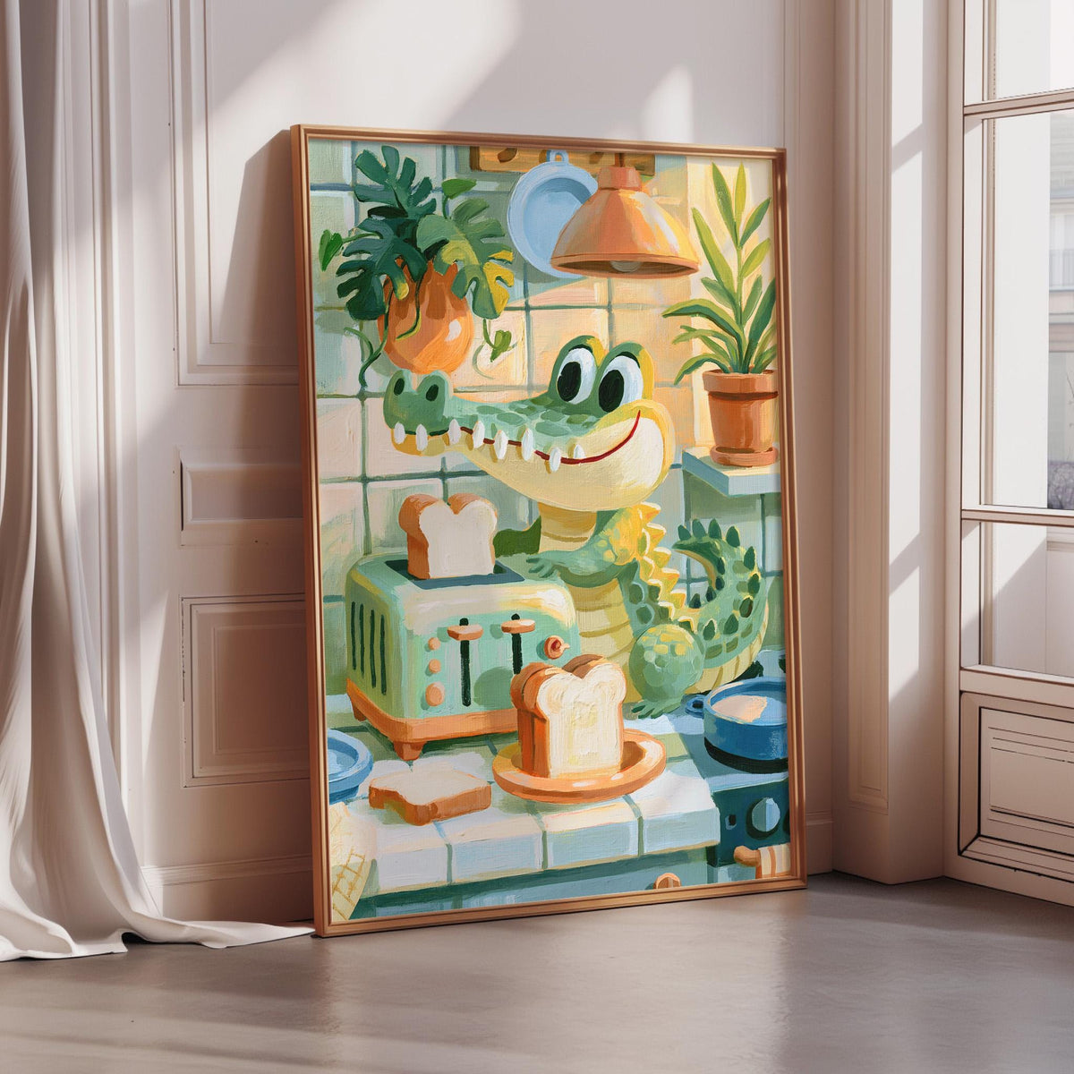 The image is a vibrant and whimsical painting depicting a green alligator sitting on a toaster, surrounded by various kitchen items such as a bowl, a plate, and a potted plant.