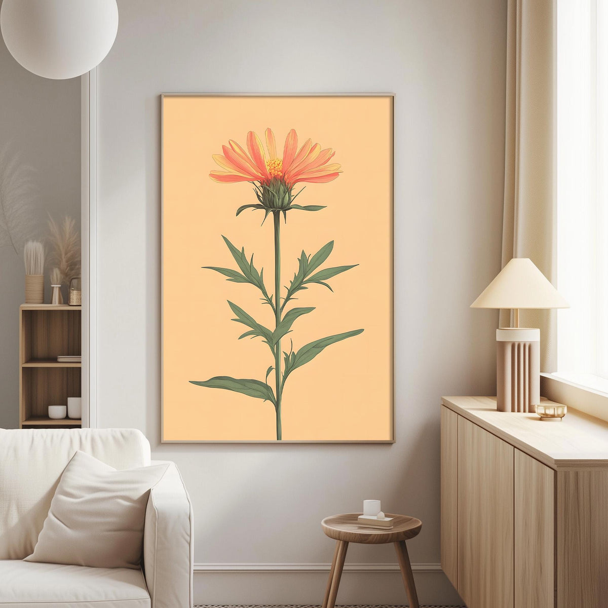 a living room with a large framed print of a vibrant orange flower on the wall, a white sofa, a wooden side table, and a lamp on a wooden cabinet.
