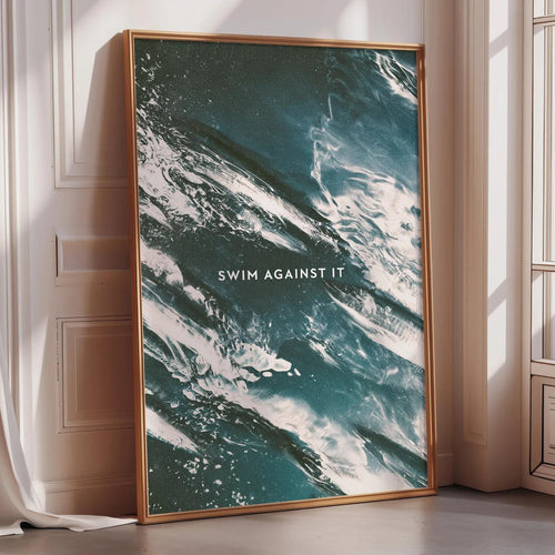 a large framed poster with a striking abstract design of swirling, teal-colored waves.