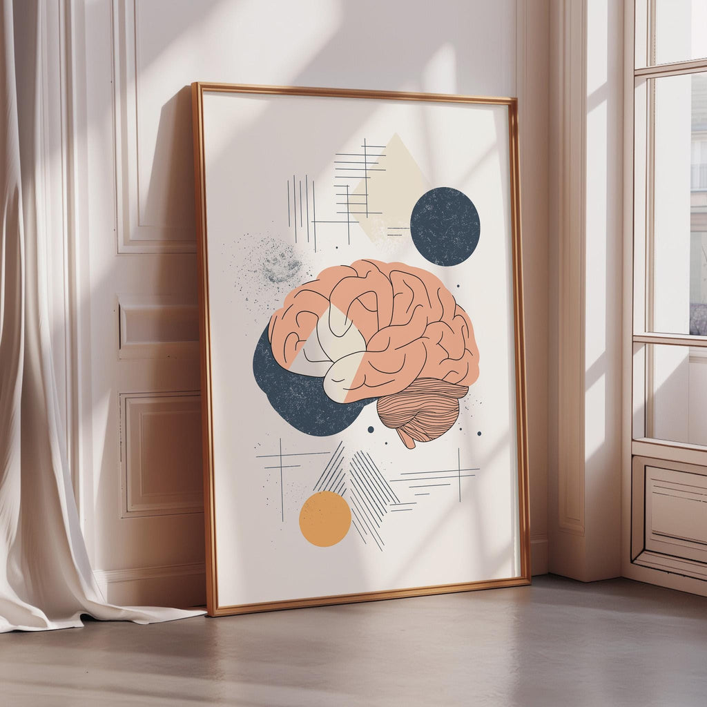 a framed artwork depicting a stylized brain with abstract geometric shapes surrounding it.