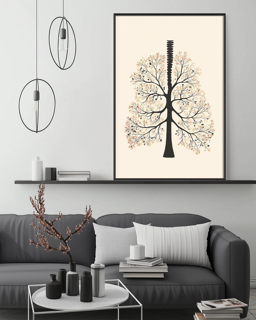 a modern living room with a gray sofa, a coffee table, and a large framed artwork depicting a stylized tree with orange and black branches.