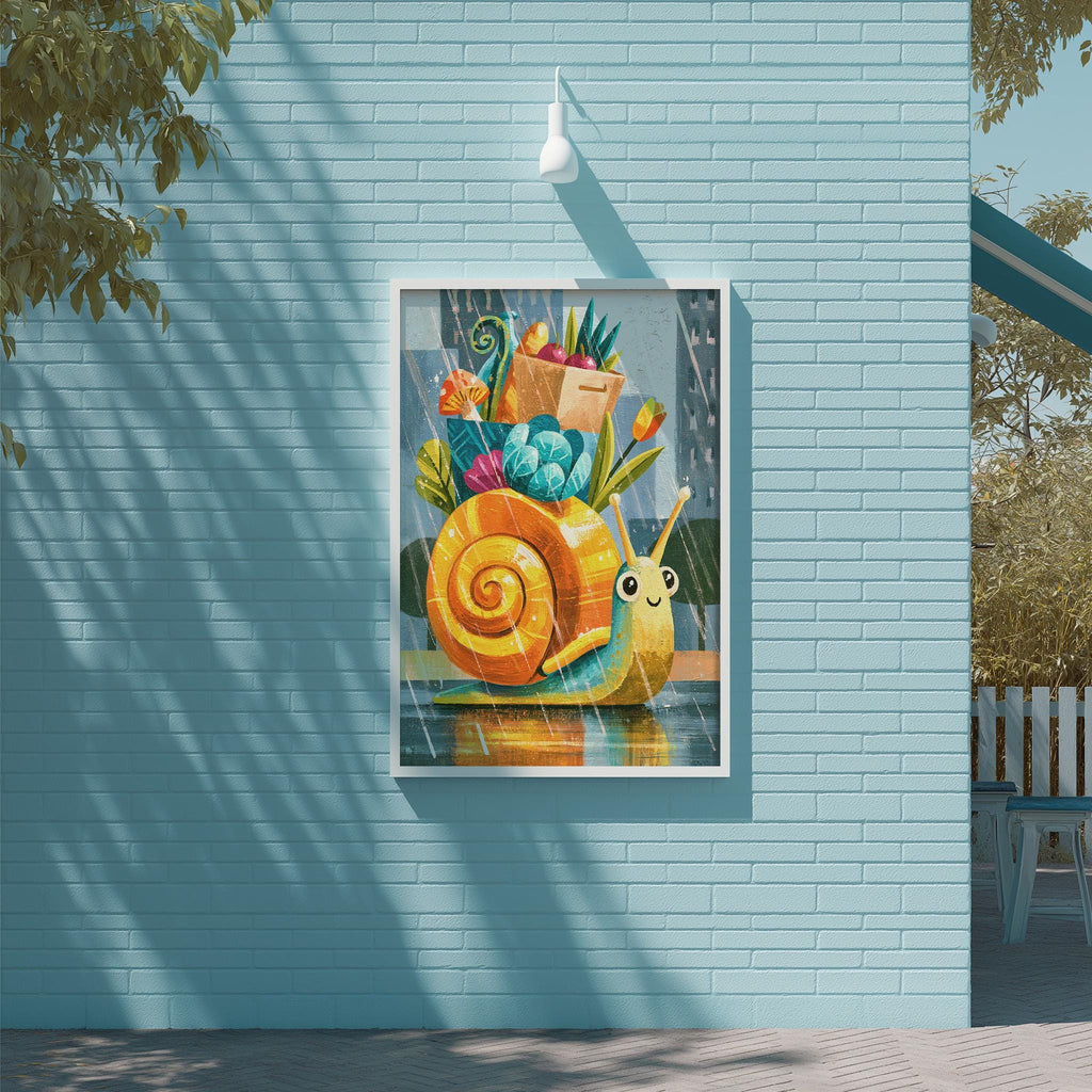 a vibrant painting of a snail on a brick wall, with a variety of colorful vegetables and plants surrounding it.