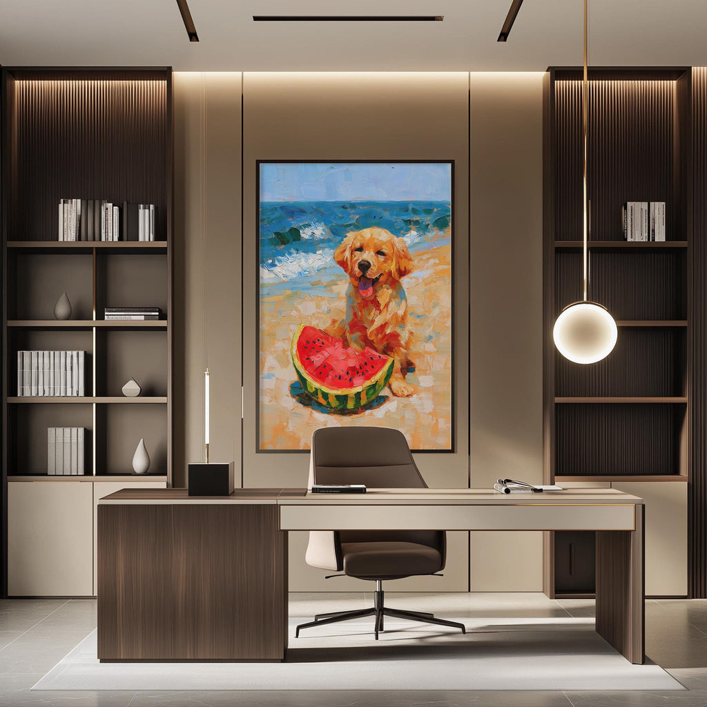 a modern office space with a large painting of a dog sitting on a beach holding a watermelon. The office has a wooden desk, a chair, and a bookshelf. The painting is hung on the wall above the desk, creating a beach-themed atmosphere in the room.