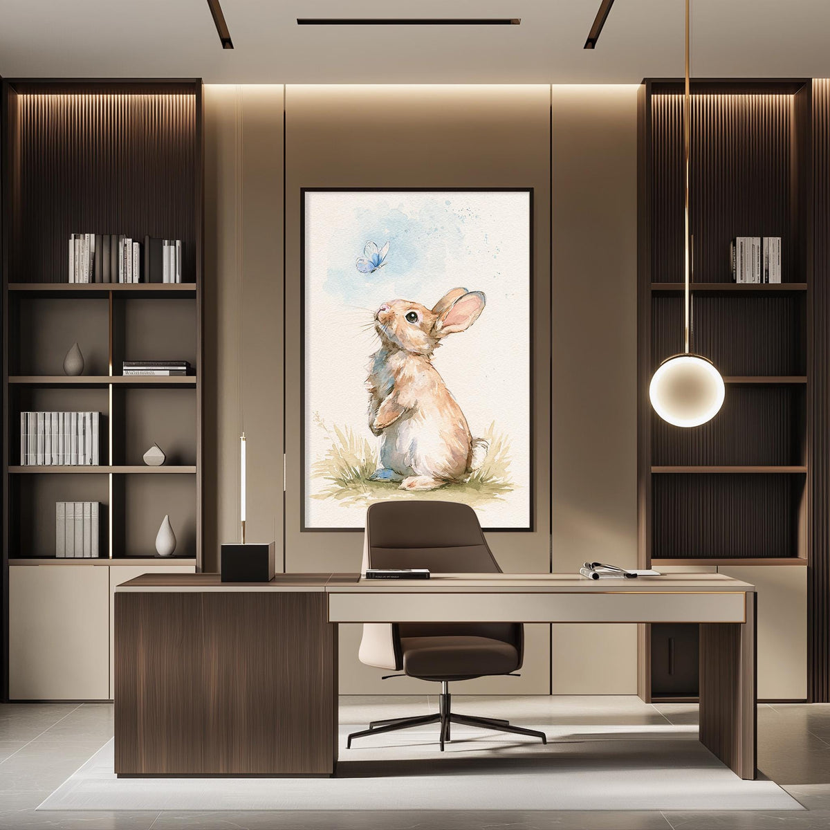 a modern office space with a large painting of a rabbit on the wall, a wooden desk, and a comfortable-looking chair.