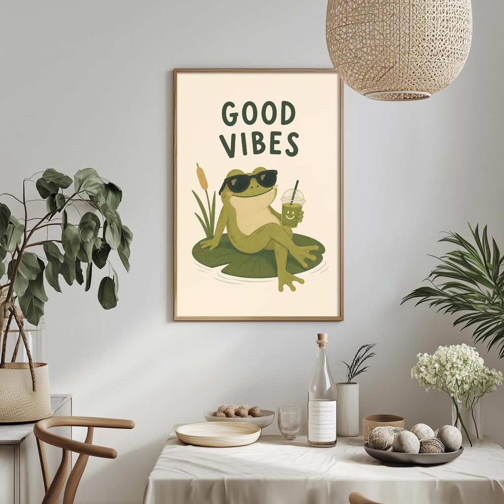a framed poster of a frog sitting on a lily pad, with the text "GOOD VIBES" above it. The poster is hanging on a wall, and there is a dining table with various items on it, including a bottle, a bowl, and some plants.