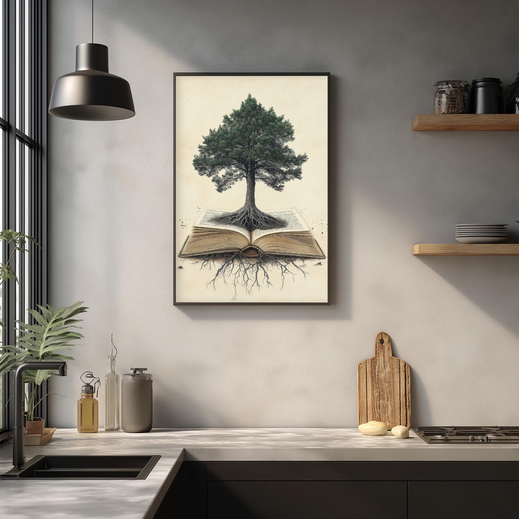 a kitchen counter with various items, including a plant, a cutting board, and a framed picture of a tree with roots emerging from an open book.