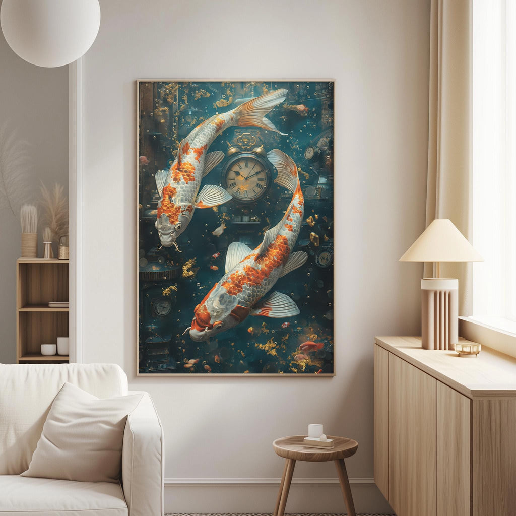 a large painting of two koi fish swimming in a blue underwater scene, with a clock and other decorative elements in the background.