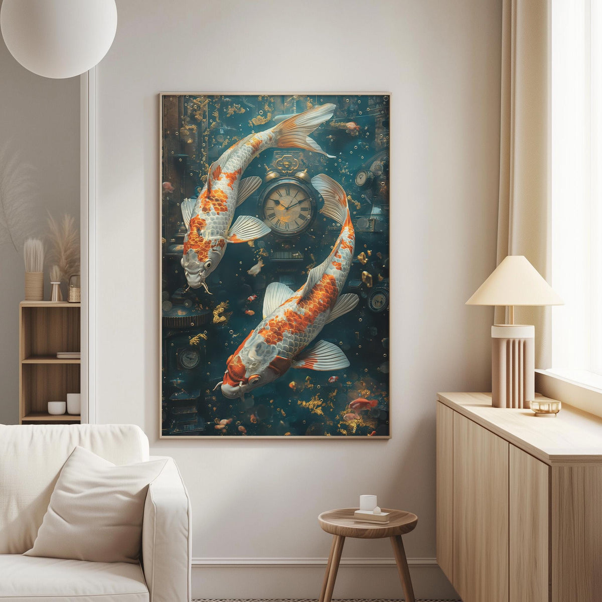 a large painting of two koi fish swimming in a blue underwater scene, with a clock and other decorative elements in the background.