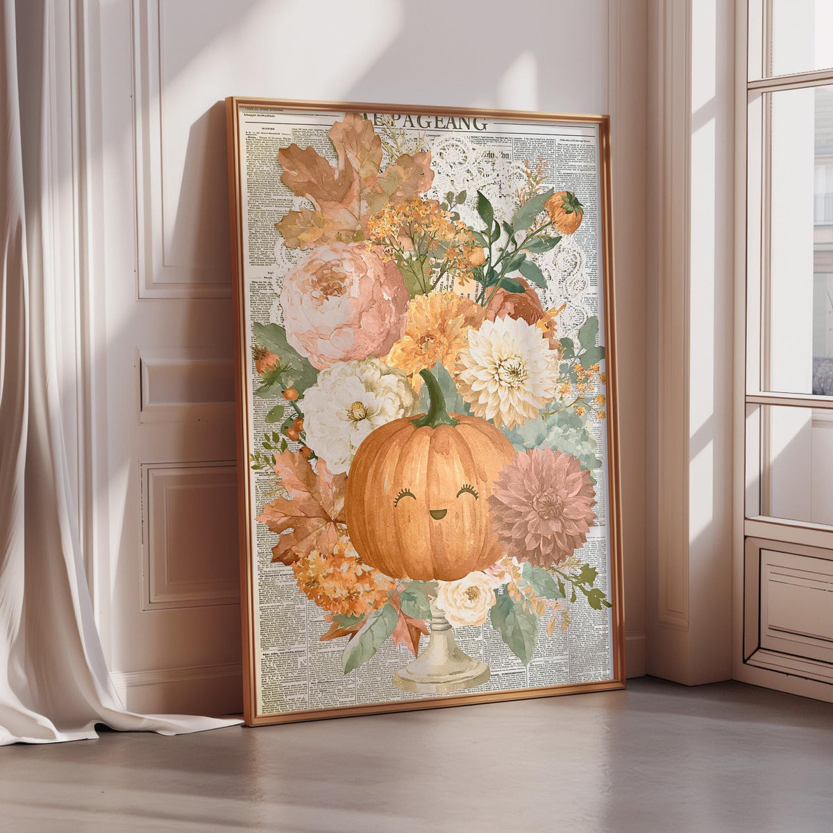 A framed print depicting a pumpkin surrounded by a variety of autumn flowers, including peonies, dahlias, and chrysanthemums, set against a textured background.