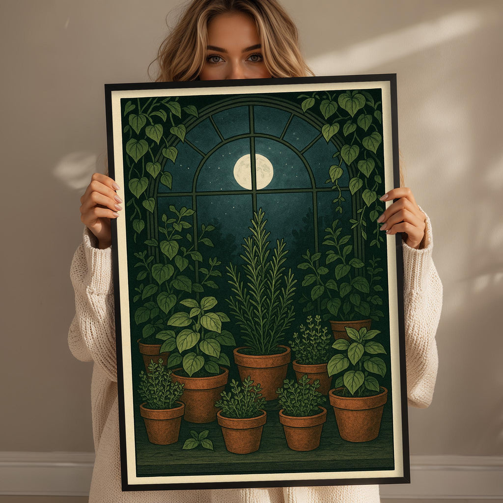 A woman holds up a framed illustration of a night scene with a full moon, plants, and a window.