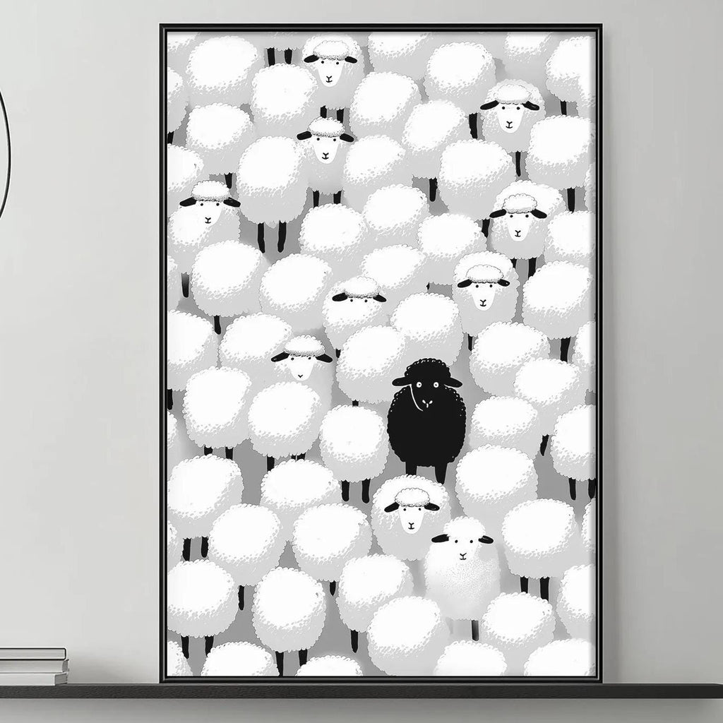 a black and white living room with a gray couch, a coffee table, and a large framed artwork depicting a group of sheep with a single black sheep standing out.