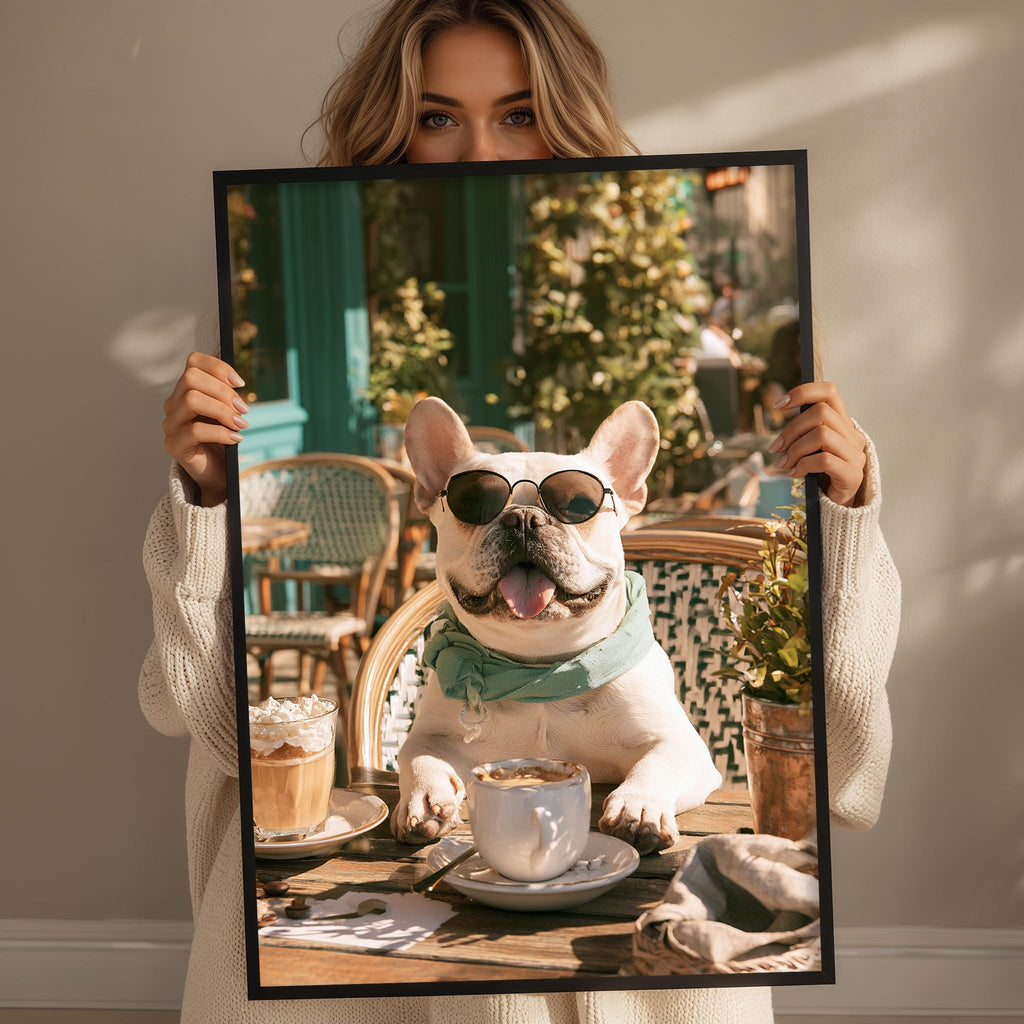 A woman holds up a framed photo of a French Bulldog wearing sunglasses and sitting at a table with a cup of coffee.