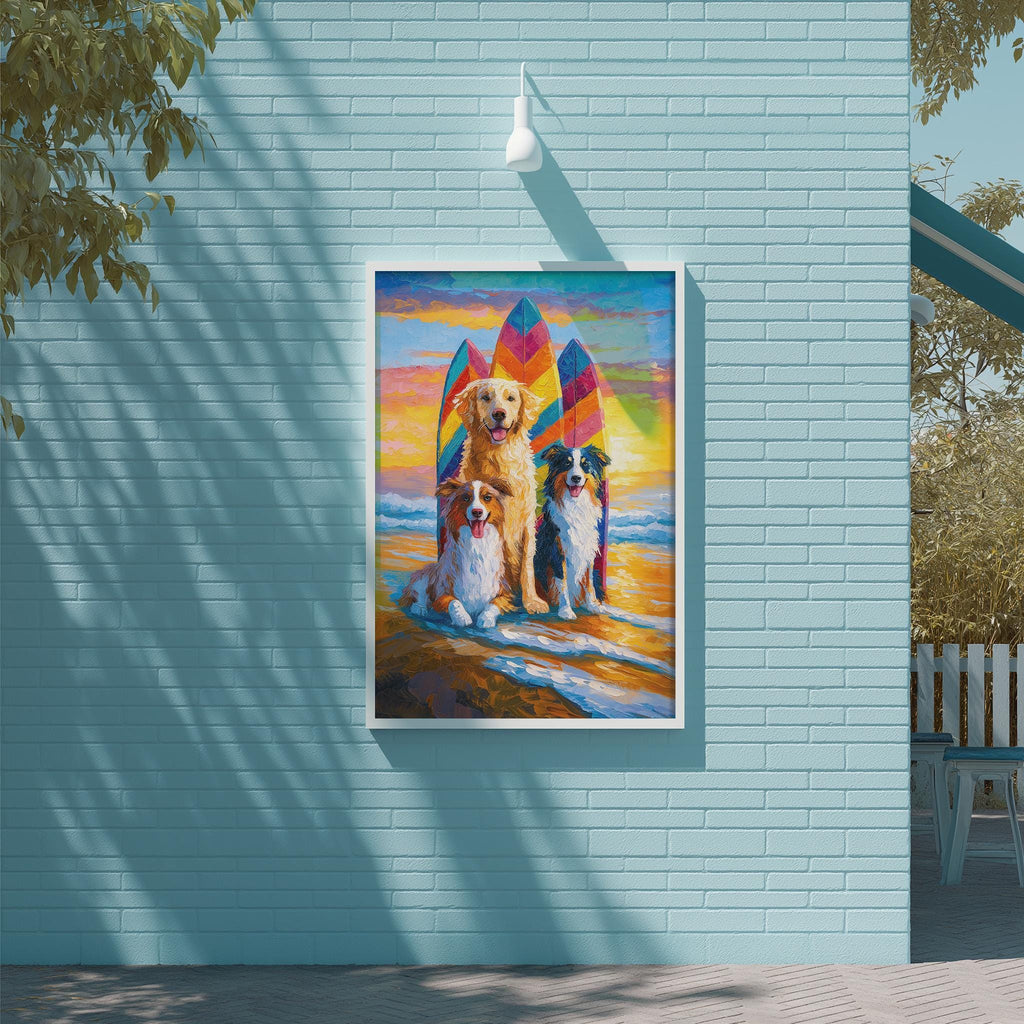 A painting of three dogs sitting on a beach with surfboards, set against a backdrop of a colorful sunset.