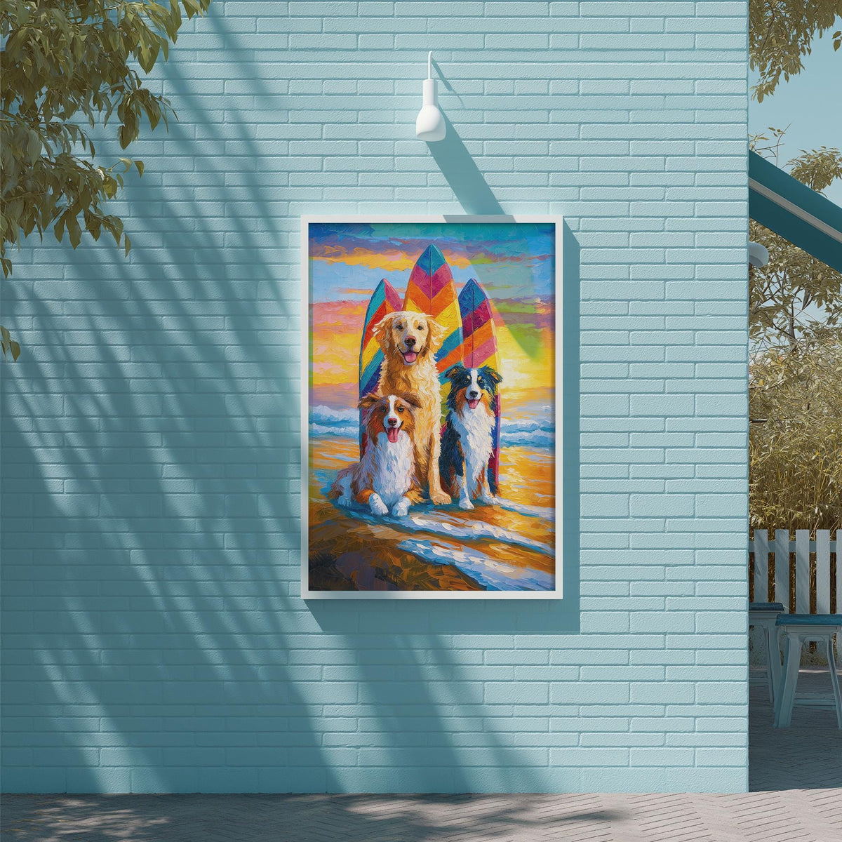 A painting of three dogs sitting on a beach with surfboards, set against a backdrop of a colorful sunset.