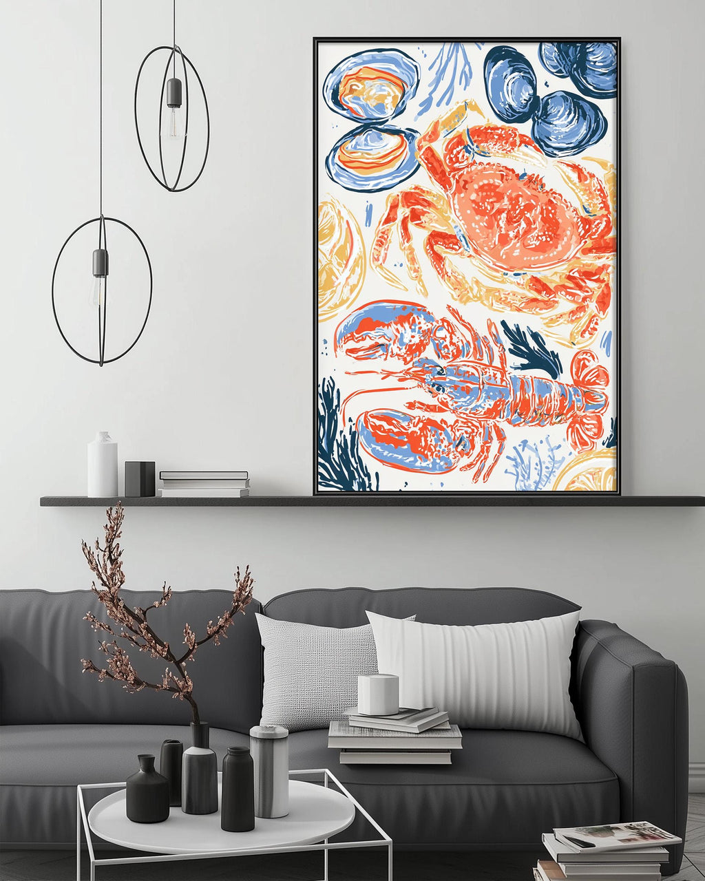 a modern living room with a gray sofa, a coffee table, and a large framed artwork depicting colorful seafood illustrations on the wall.