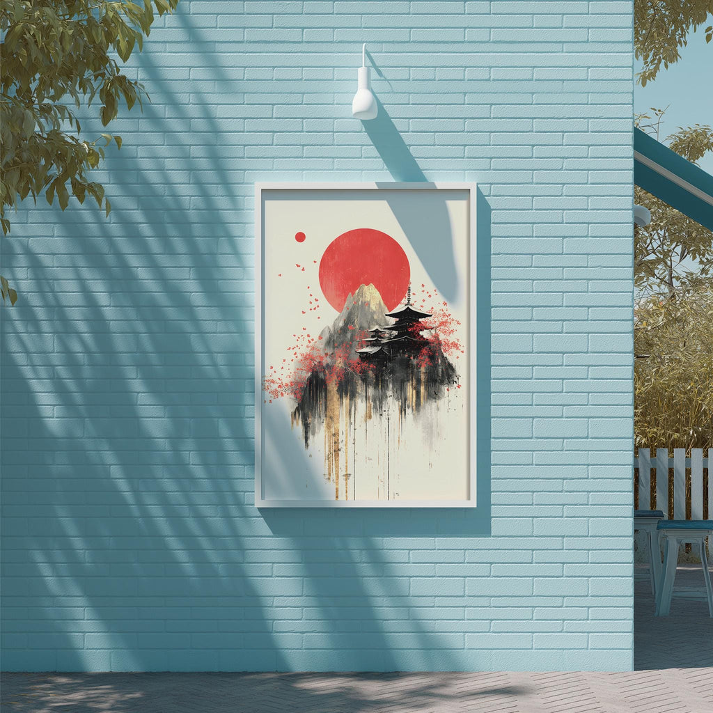 a framed artwork depicting a mountain landscape with a red sun in the sky, surrounded by trees and buildings.