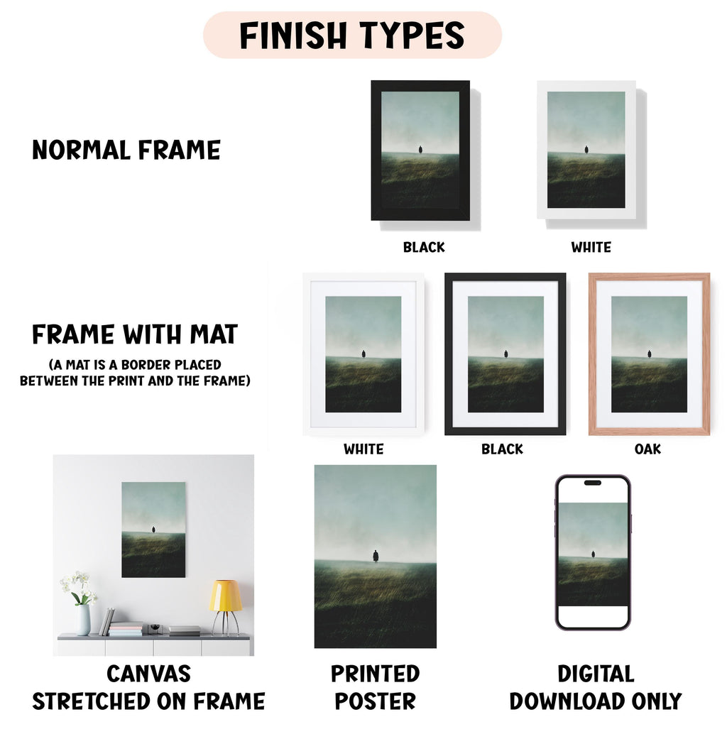 various types of artwork, including a canvas stretched on a frame, a framed poster, and a digital download of a poster. The artwork is presented in different frame colors, such as black, white, and oak. The image also includes a smartphone displaying a poster, and a person standing in a field. The text in the image provides information about the finish types of the artwork, including "NORMAL FRAME" and "FRAME WITH MAT".